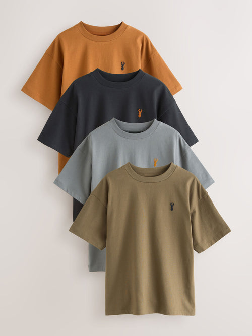 Grey/Black/Khaki Green/Tan Brown Short Sleeve Stag Embroidered T-Shirts 4 Pack (3-16yrs)