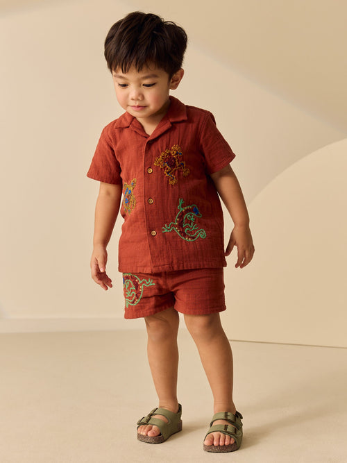 Rust Brown Ghecko Embroidery Short Sleeve Shirt & Shorts Set (3mths-10yrs)