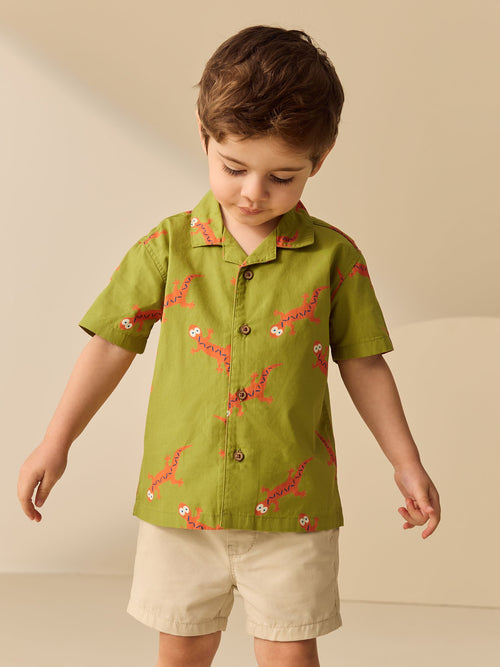 Green All Over Print Ghecko Short Sleeve Revere Collar Printed Shirt (3mths-7yrs)