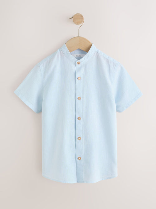 Pale Blue Short Sleeve Linen Blend Grandad Collar Shirt (3-16yrs)