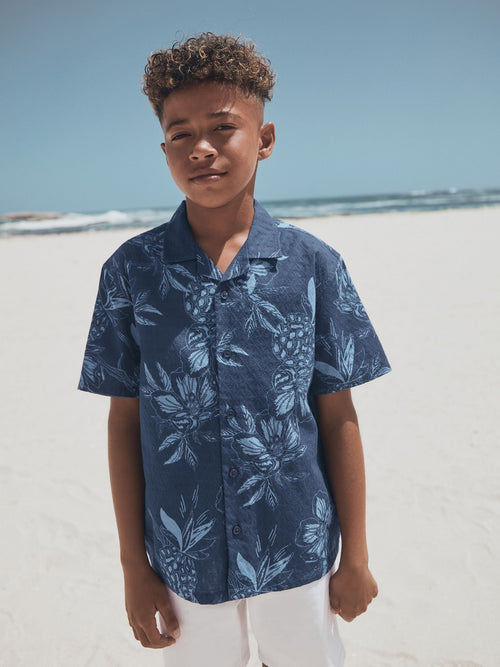 Navy Pinapple Print Short Sleeve Revere Collar Shirt (3-16yrs)