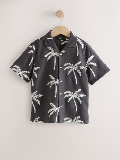 Black Palm Embroidery Short Sleeve Revere Collar Shirt (3-16yrs)