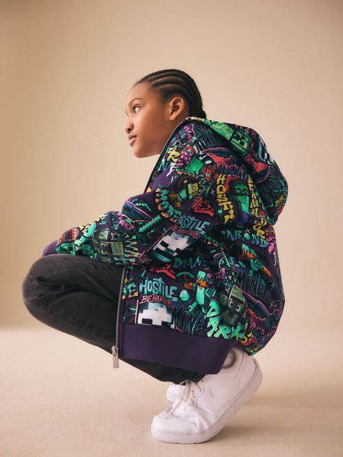 Purple Regular Fit Minecraft Zip Up Hoodie (3-16yrs)