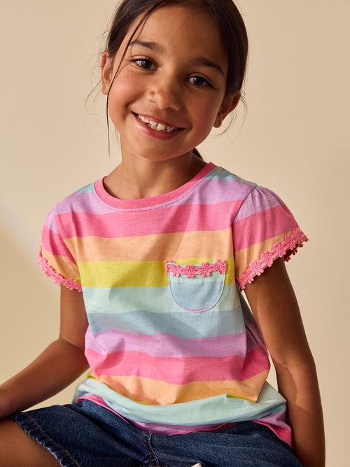 Rainbow Stripe Daisy Pocket T-Shirt (12mths-16yrs)
