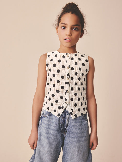 Black/White Spot Textured Button Front Top (3-16yrs)