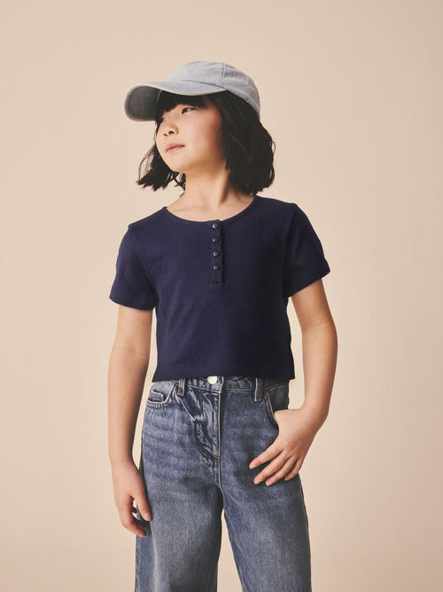 Navy Pointelle Button Front Top (3-16yrs)