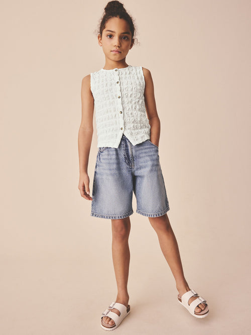 White Textured Button Front Top (3-16yrs)
