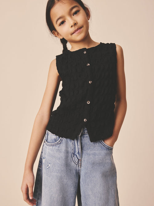 Black Textured Button Front Top (3-16yrs)