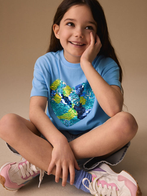 Blue Boxy Sequin Heart T-Shirt (3-16yrs)