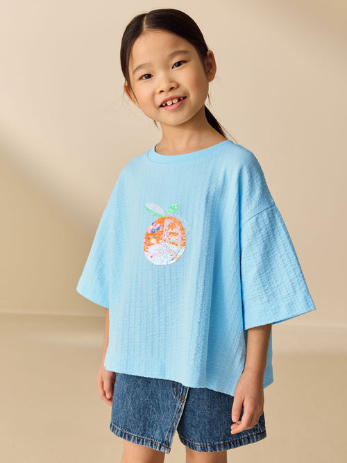 Blue Orange Sequin Textured Oversized Boxy T-Shirt (3-16yrs)