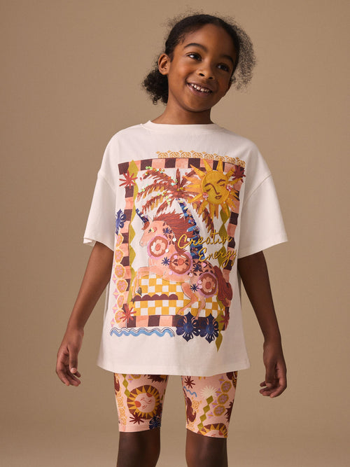 White Unicorn Sequin T-Shirt and Cycling Shorts Set (3-16yrs)