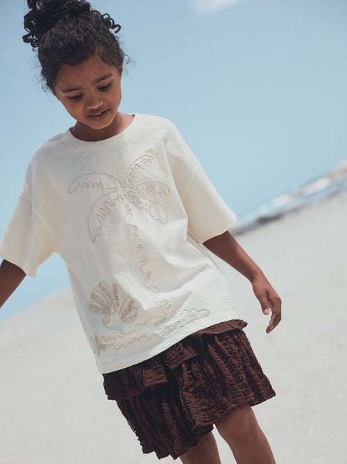 Ecru Palm Tree Embroidered Oversized Boxy T-Shirt (3-16yrs)