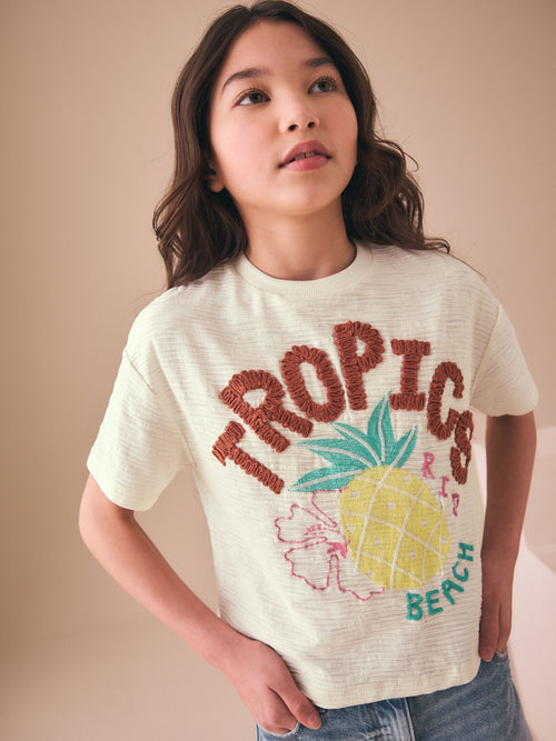 Ecru Tropics Embroidered Textured T-Shirt (3-16yrs)