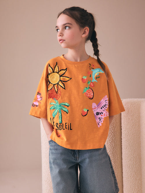 Orange Soleil Embroidered Oversized Boxy T-Shirt (3-16yrs)