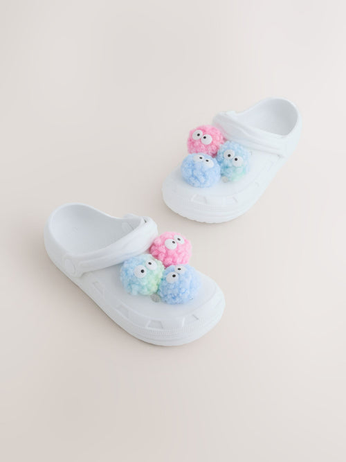 White Monster Pom Clogs