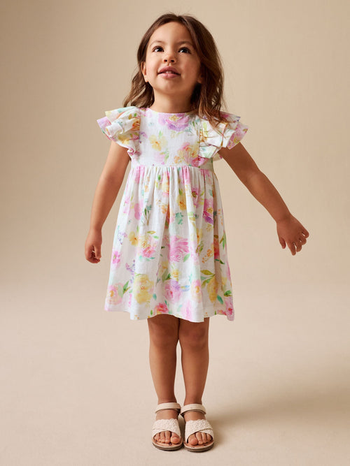 Lilac Floral Linen Frill Sleeve Dress (3mths-8yrs)