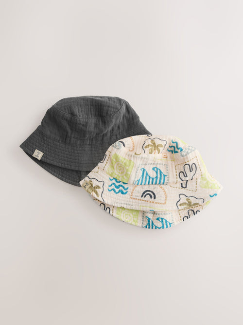 Grey Stampy Printed Woven Baby Bucket Hats 2 Pack