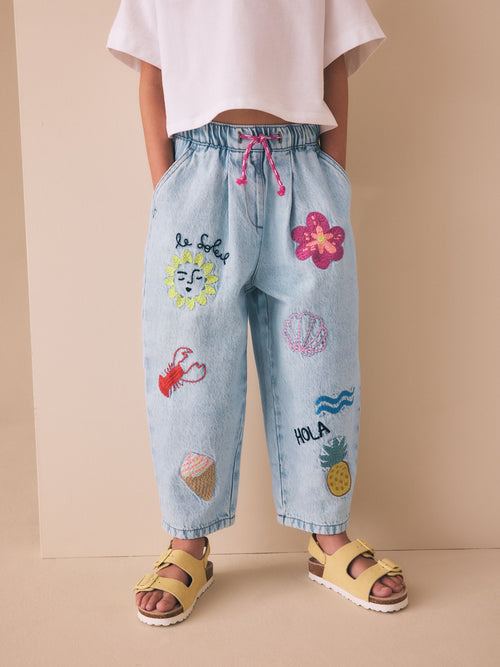 Fruit Embroidery Barrel Leg Jeans (3-16yrs)