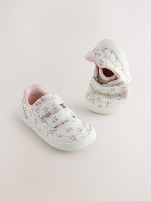 White Floral Barefoot Leather Touch Fastening Trainers
