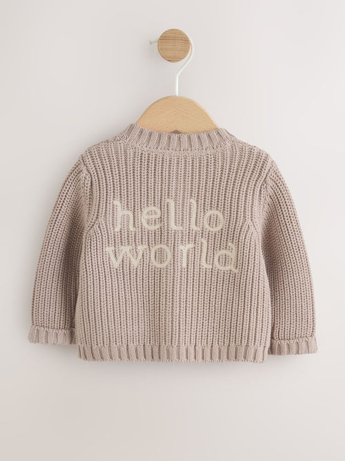 Neutral Hello World Knitted Embroidered Cardigan