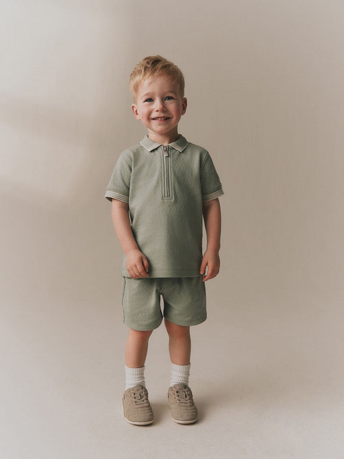 Sage Green Zip Neck Short Sleeve Polo Shirt And Shorts Set (3mths-7yrs)