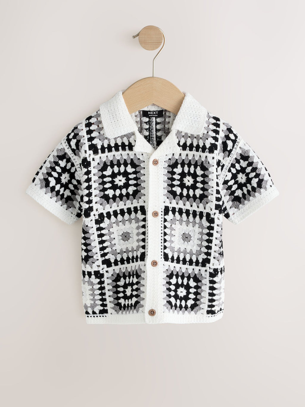 Black/White Crochet Knitted Short Sleeve Shirt (12mths-10yrs)
