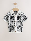 Black/White Crochet Knitted Short Sleeve Shirt (12mths-10yrs)