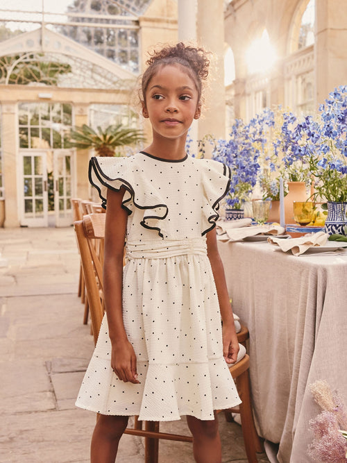 Cream Spot Ruffle Sleeve Occasion Dress (3-16yrs)