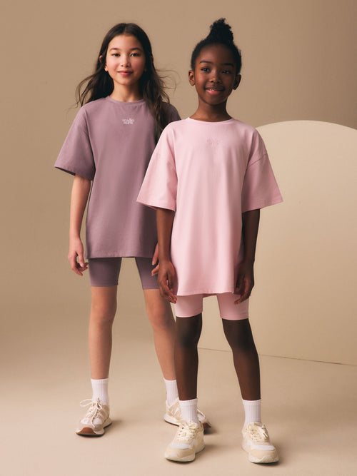 Pink/Brown Oversized T-Shirt and Cycling Shorts Set 2 Pack (3-16yrs)