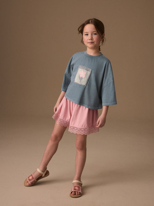 Grey/Pink Flower Detail T-Shirt and Textured Shorts Set (3-16yrs)