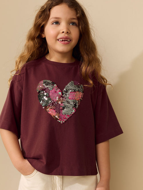 Chocolate Brown Boxy Sequin Heart T-Shirt (3-16yrs)