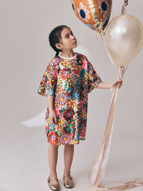 Multi Pink Floral Sequin T-Shirt Dress (3-16yrs)
