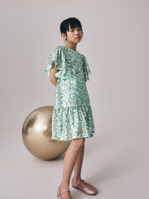 Mint Green Angel Sleeve Sequin Peplum Party Dress (3-16yrs)