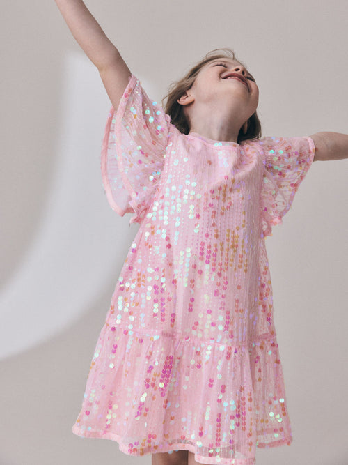 Pink Angel Sleeve Sequin Peplum Party Dress (3-16yrs)
