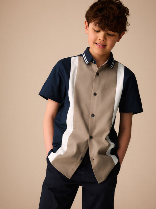 Tan/Navy Splice Short Sleeve Smart Shirt (3-16yrs)