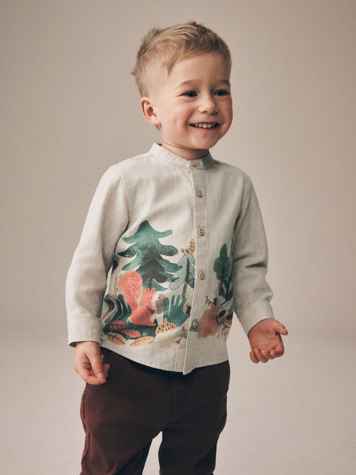 Neutral Forest Scene Long Sleeve Grandad Collar Scene Printed Shirt (3mths-10yrs)