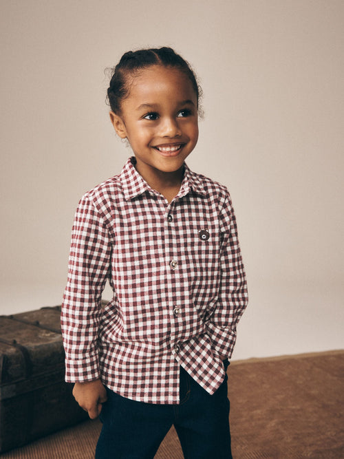 Red/Ecru Gingham Check Bear Long Sleeve Brushed Check Shirt (3mths-7yrs)