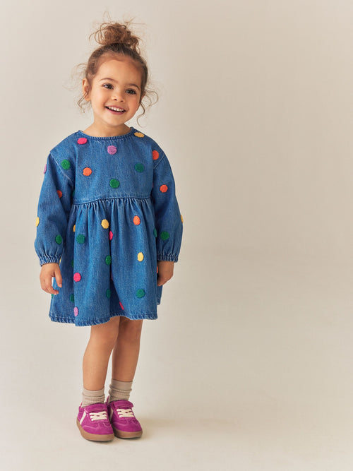 Blue Denim Long Sleeve Boucle Spot Dress (3mths-8yrs)