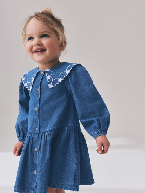 Blue Denim Long Sleeve Embroidered Collar Dress (3mths-8yrs)