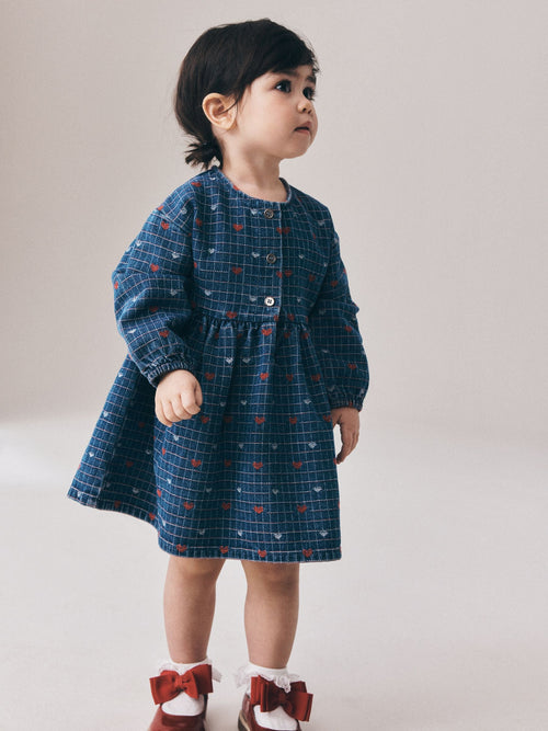 Blue Denim Jaquard Heart Denim Long Sleeve Dress (3mths-8yrs)