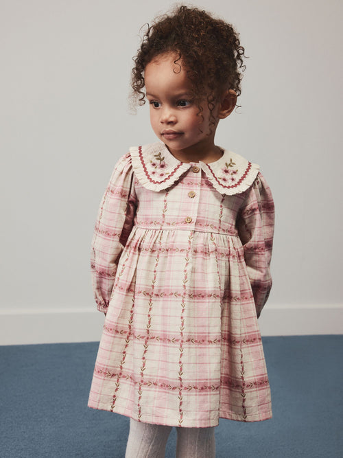 Pink Check Long Sleeve Collar Dress (3mths-8yrs)
