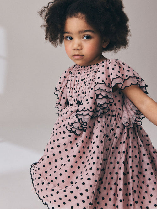 Pastel Pink Spot Frill Sleeve Occasion Dress (3mths-8yrs)