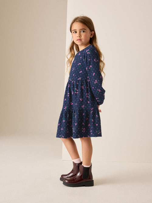 Blue/Navy Long Sleeve Cinkle Jersey Dress (3-16yrs)