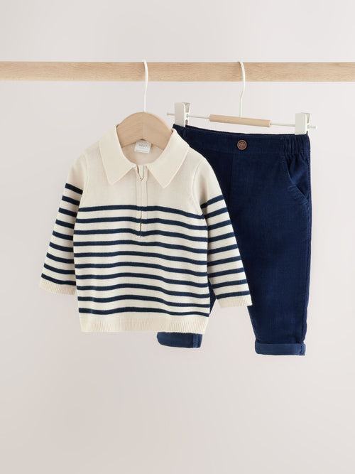 Blue/Cream Stripe Baby Collared Knitted Top and Trousers Set (0mths-2yrs)