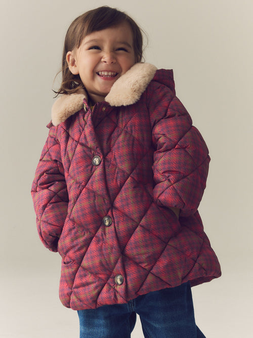 Burgundy Red Check Faux Fur Collar Shower Resistant Padded Coat (3mths-7yrs)