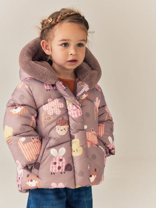 Neutral Brown Shower Resistant Faux Fur Trim Padded Coat (6mths-7yrs)