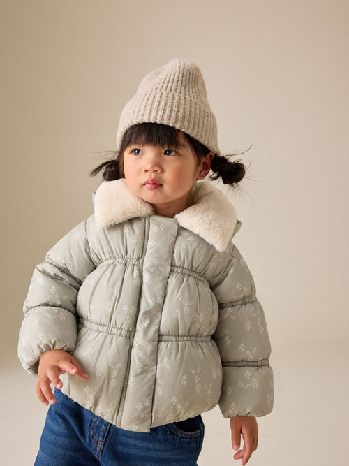 Sage Green Floral Shower Resistant Faux Fur Collar Padded Coat (3mths-7yrs)