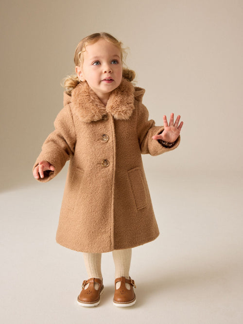 Camel Brown Faux Fur Collar Hooded Coat (3mths-7yrs)