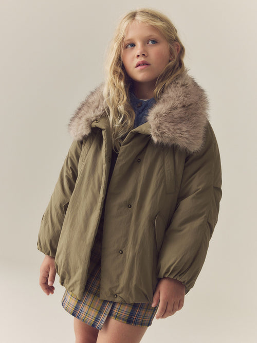 Khaki Green Shower Resistant Oversized Bomber Jacket with Faux Fur Collar (3-16yrs)