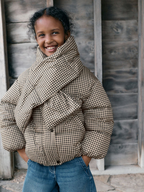 Neutral Check Shower Resistant Padded Coat With Removable Scarf (3-16yrs)